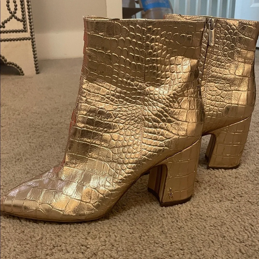 Sam Edelman Croc-Embossed Gold Booties - Picture 2 of 4